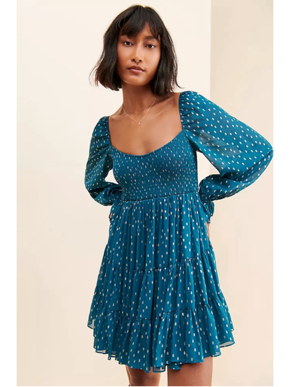 Anthropologie g.p.d. Teal BABYDOLL MINI DRESS Gold SEMI FORMAL Tiered WOMENS L